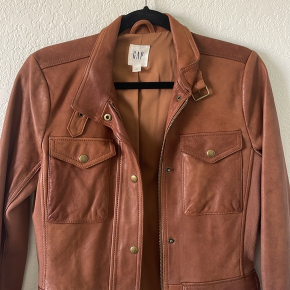 Gap Front Pocket Rib-Knit Trim Brown Leather Jacket Small - Picture 3 of 6